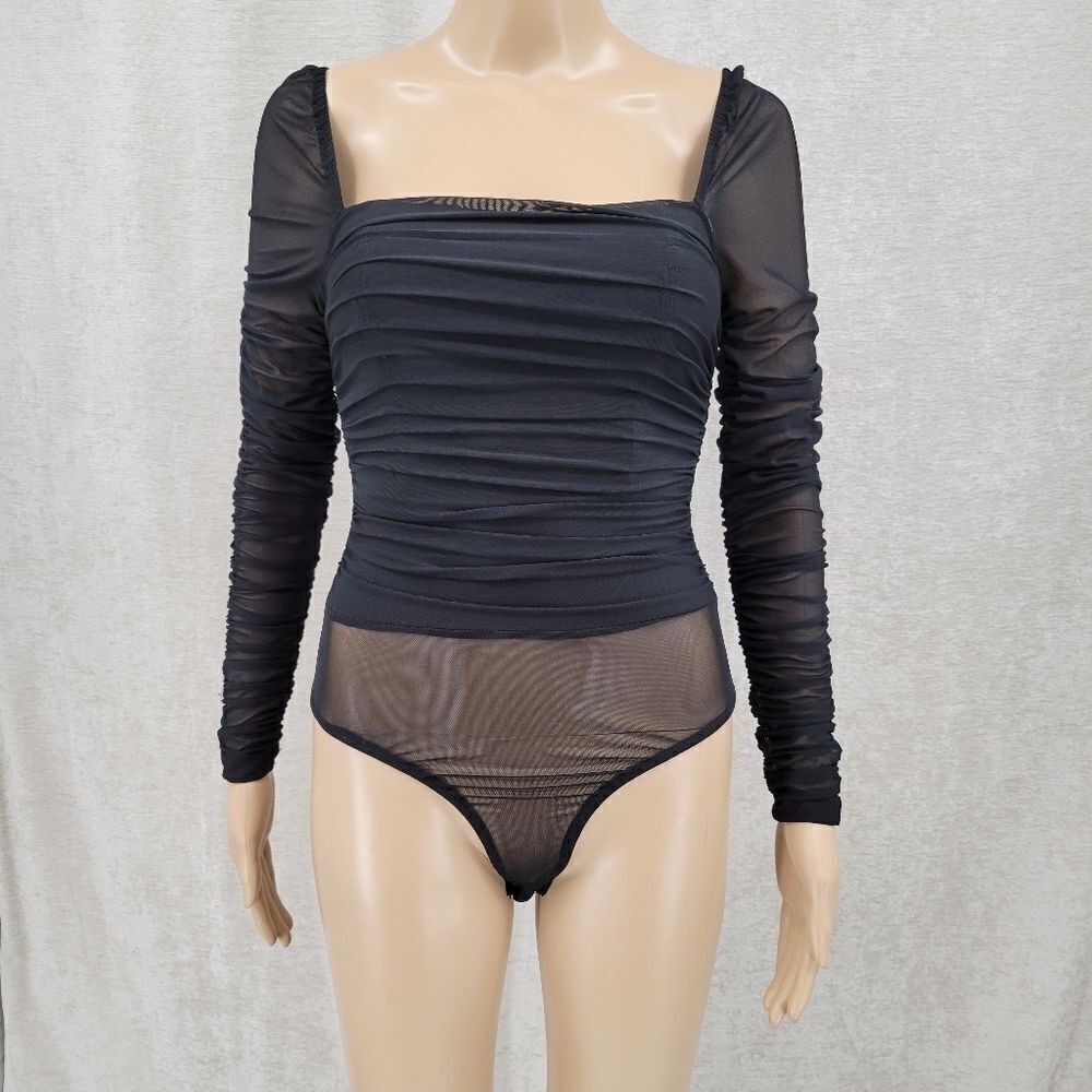 Thats so Fetch Long Sleeve Bodysuit Black Ruched Mesh Women's 4